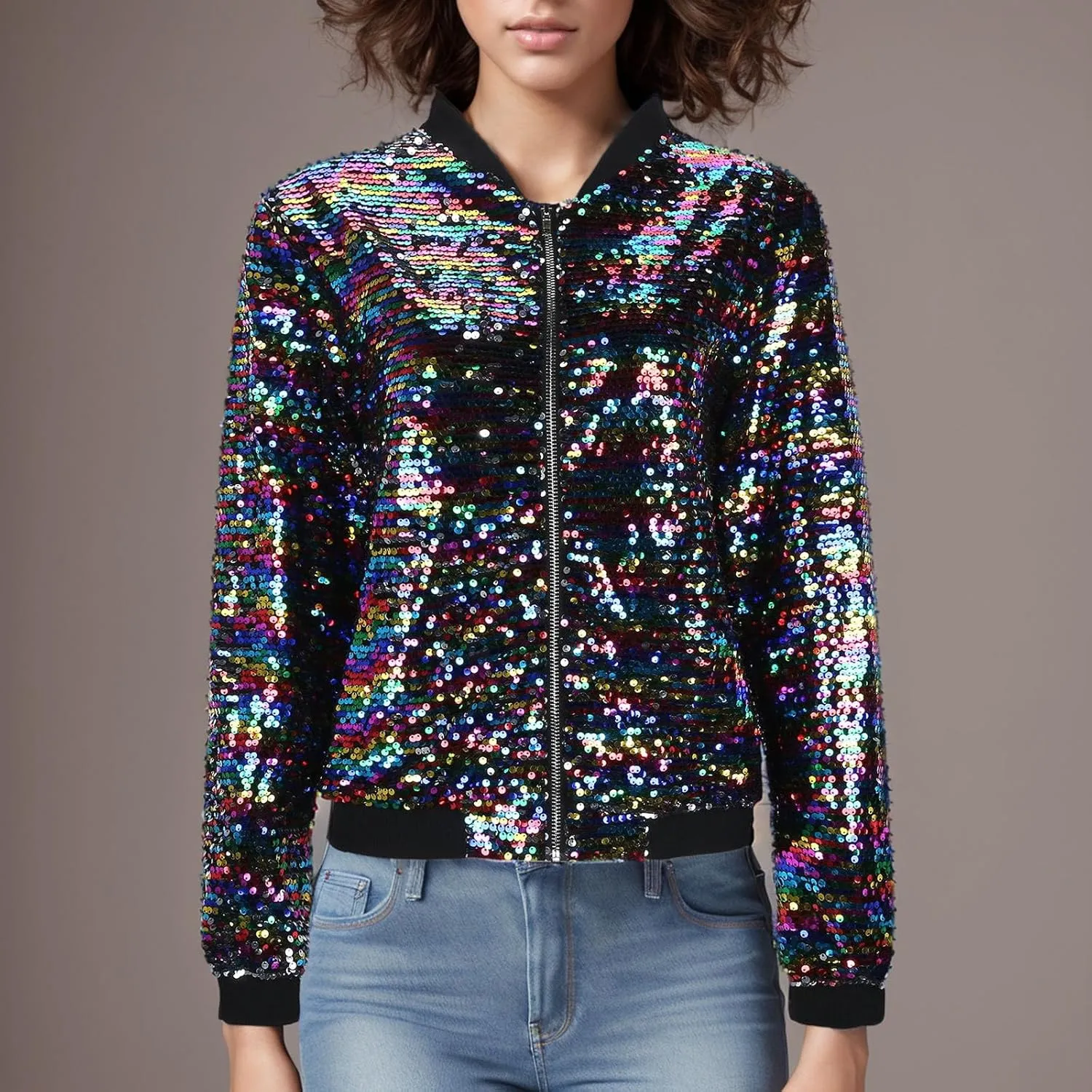 Womens Cropped Sequin Zip Up Jacket Sparkle Crewneck Loose Long Sleeve Casual Blazer Bomber Blouse Tops Winter Outfits