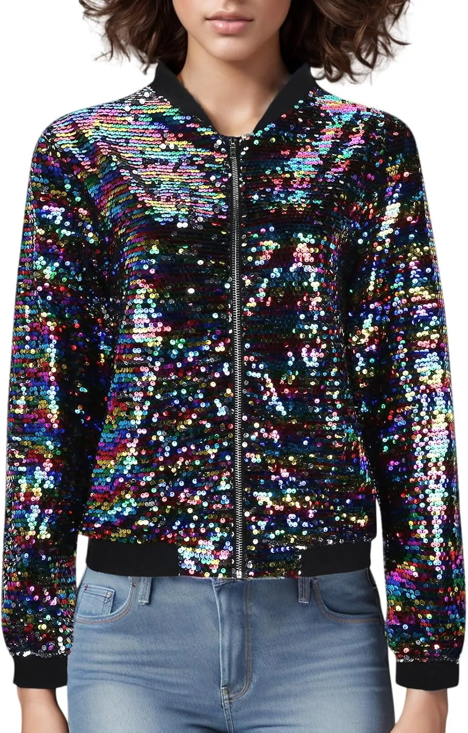 Womens Cropped Sequin Zip Up Jacket Sparkle Crewneck Loose Long Sleeve Casual Blazer Bomber Blouse Tops Winter Outfits