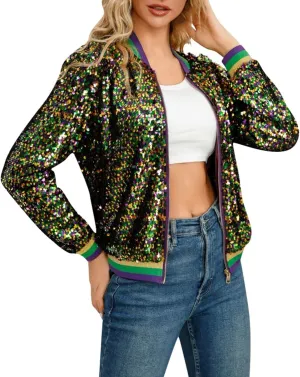 Womens Cropped Sequin Zip Up Jacket Sparkle Crewneck Loose Long Sleeve Casual Blazer Bomber Blouse Tops Winter Outfits