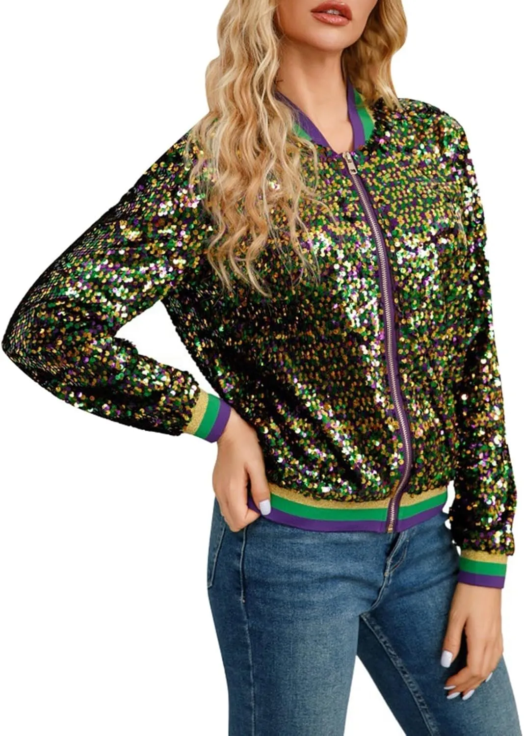 Womens Cropped Sequin Zip Up Jacket Sparkle Crewneck Loose Long Sleeve Casual Blazer Bomber Blouse Tops Winter Outfits