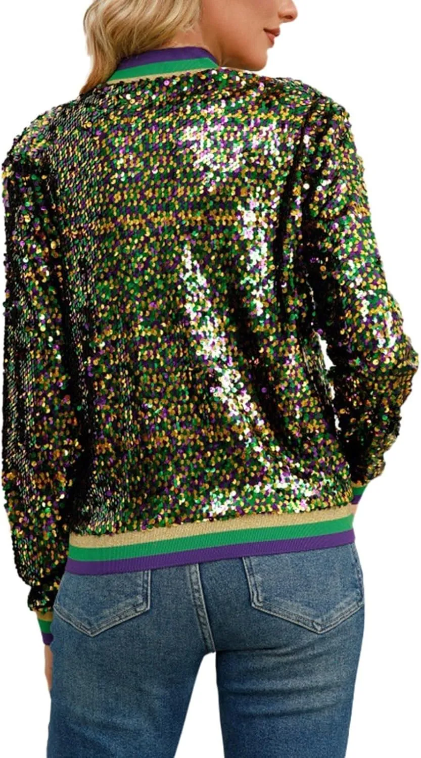 Womens Cropped Sequin Zip Up Jacket Sparkle Crewneck Loose Long Sleeve Casual Blazer Bomber Blouse Tops Winter Outfits