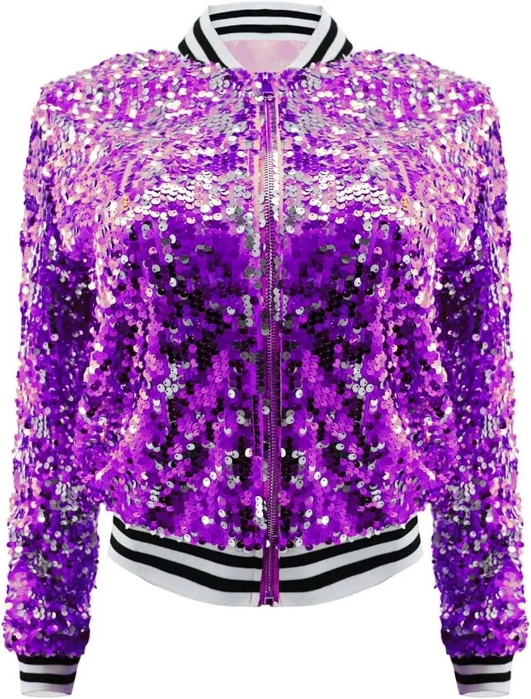 Womens Cropped Sequin Zip Up Jacket Sparkle Crewneck Loose Long Sleeve Casual Blazer Bomber Blouse Tops Winter Outfits