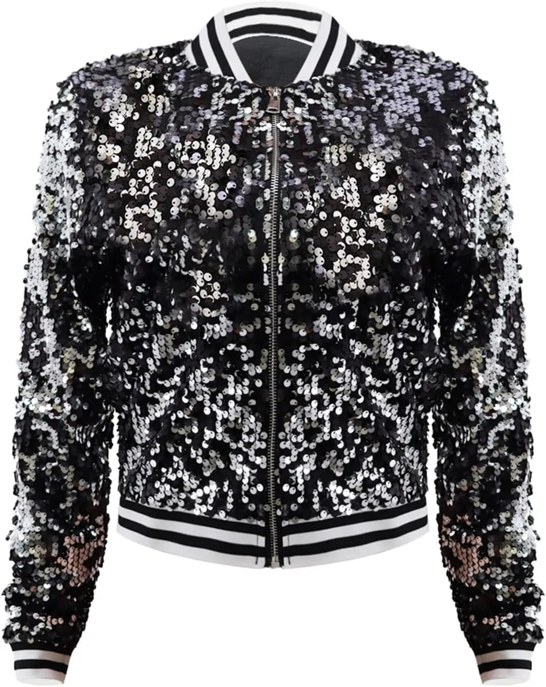 Womens Cropped Sequin Zip Up Jacket Sparkle Crewneck Loose Long Sleeve Casual Blazer Bomber Blouse Tops Winter Outfits