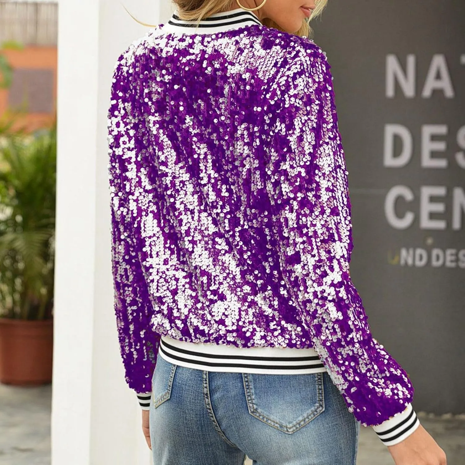 Womens Cropped Sequin Zip Up Jacket Sparkle Crewneck Loose Long Sleeve Casual Blazer Bomber Blouse Tops Winter Outfits