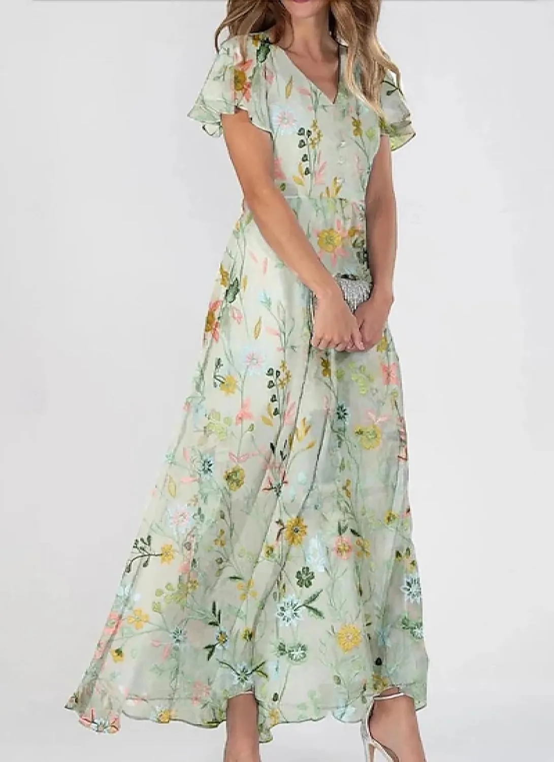 Womens Distinctive Floral Print V-Neck Maxi Dress 2025 Fashion Casual Fit Flowy Boho Beach Vacation Sundress