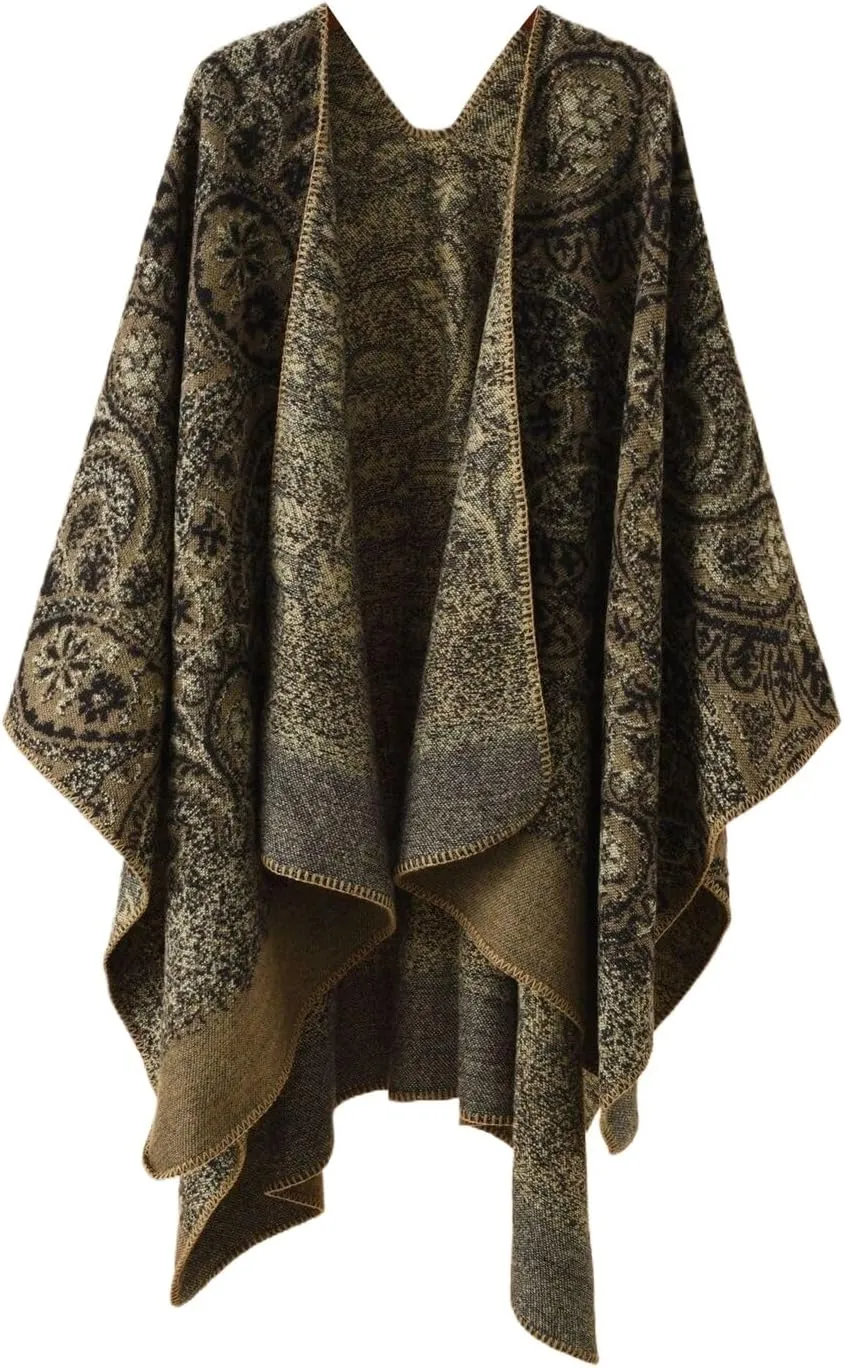Women's Ethnic Shawl Wrap Poncho Ruana Cape Open Front Stripe Imitation Cashmere Cloak for Fall Winter(Khaki)