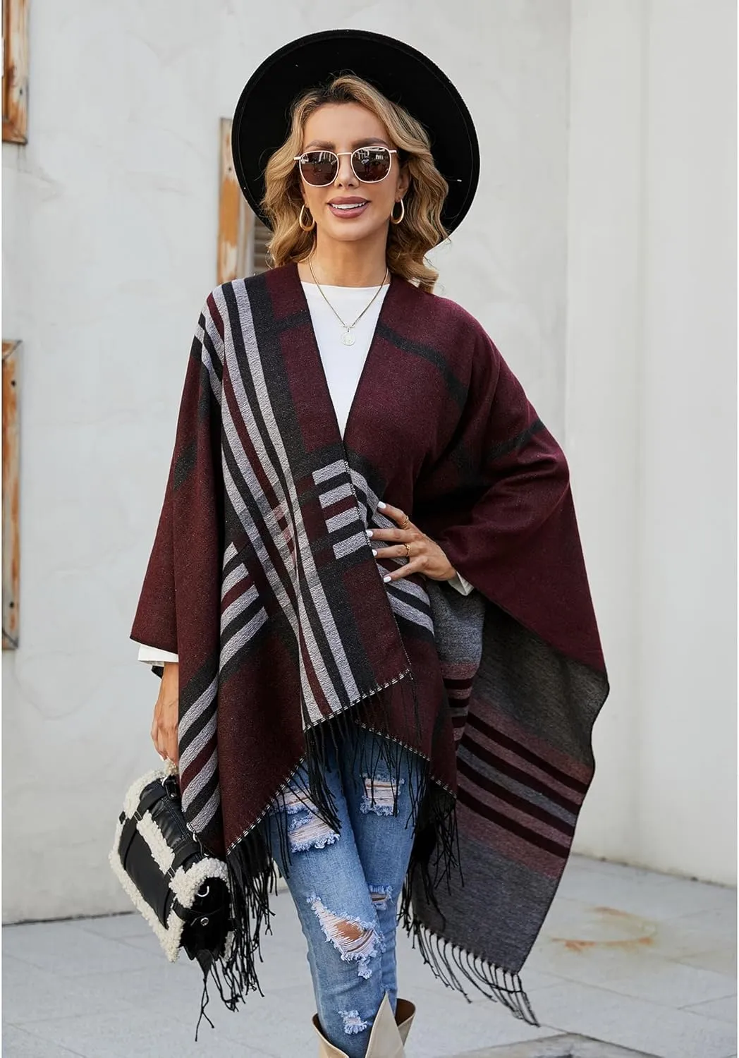 Women's Ethnic Shawl Wrap Poncho Ruana Cape Open Front Stripe Imitation Cashmere Cloak for Fall Winter(Khaki)
