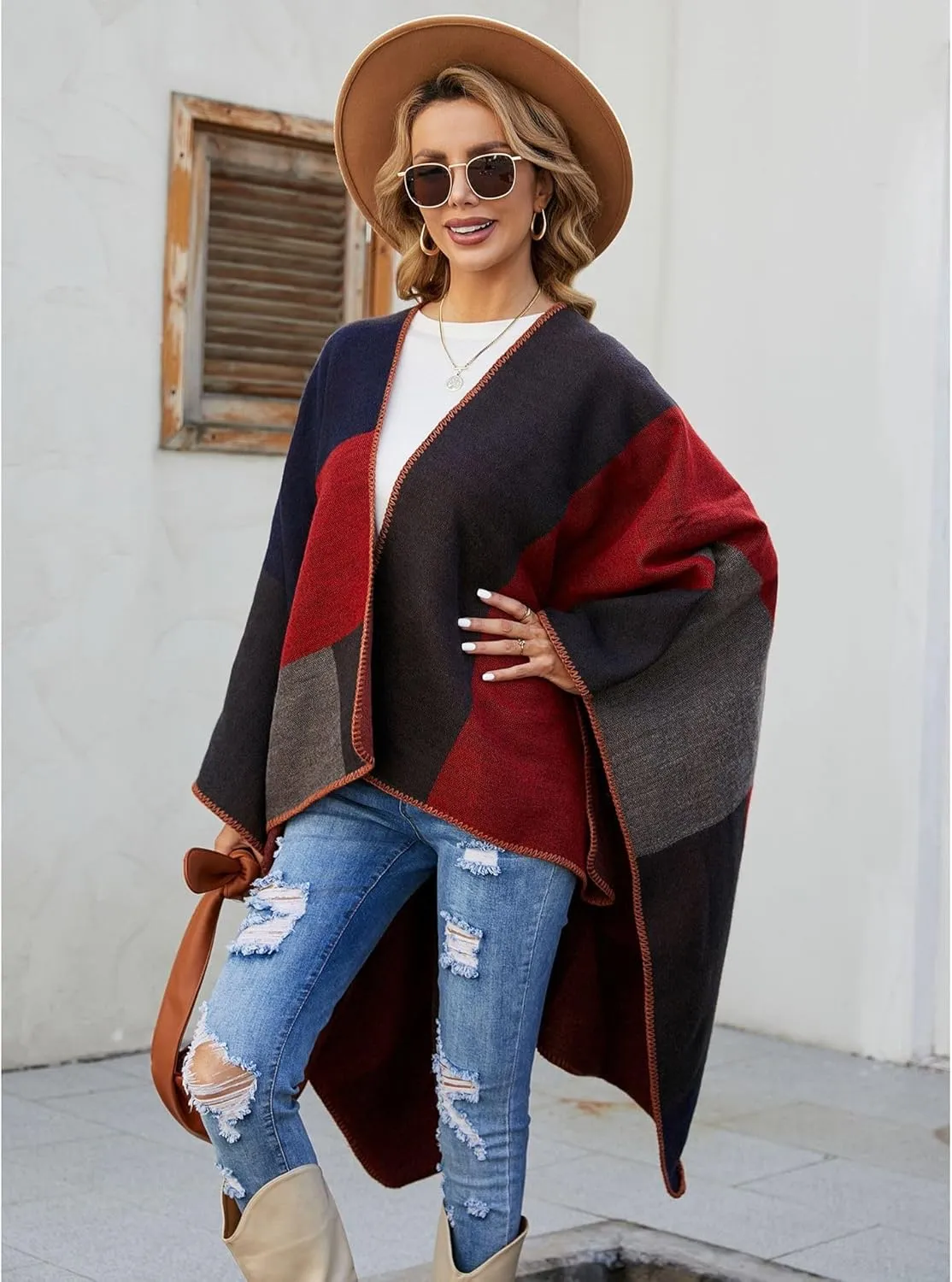 Women's Ethnic Shawl Wrap Poncho Ruana Cape Open Front Stripe Imitation Cashmere Cloak for Fall Winter(Khaki)