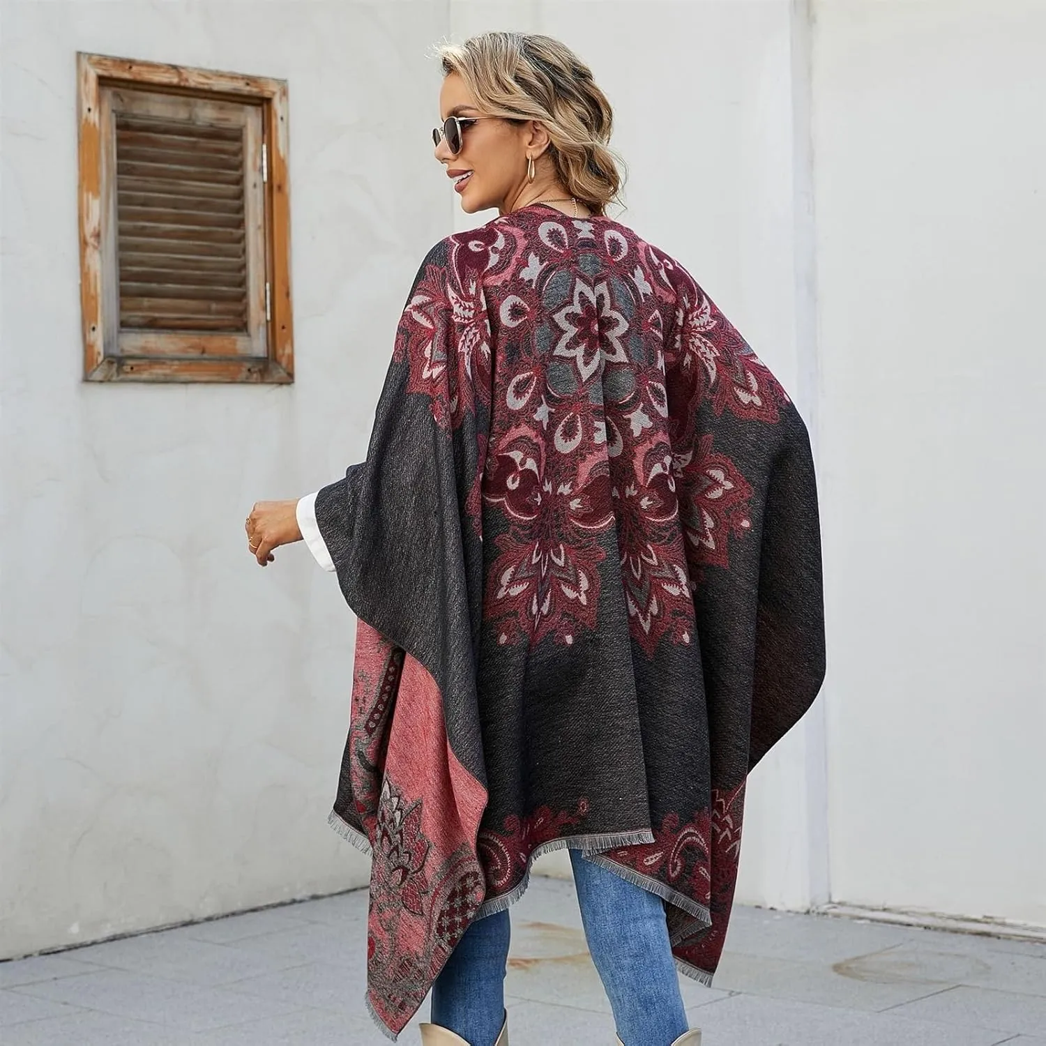 Women's Ethnic Shawl Wrap Poncho Ruana Cape Open Front Stripe Imitation Cashmere Cloak for Fall Winter(Khaki)