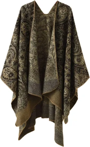 Women's Ethnic Shawl Wrap Poncho Ruana Cape Open Front Stripe Imitation Cashmere Cloak for Fall Winter(Khaki)