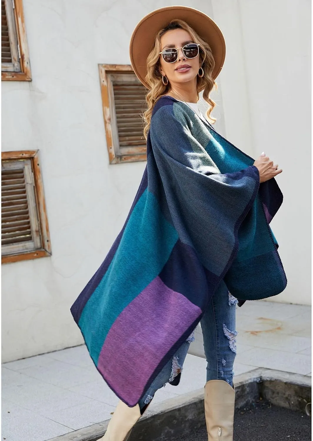Women's Ethnic Shawl Wrap Poncho Ruana Cape Open Front Stripe Imitation Cashmere Cloak for Fall Winter(Khaki)