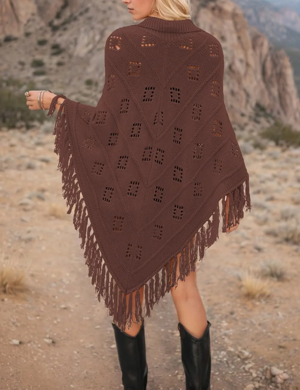 Women's Fashion Fringe Knitted Poncho Cape Lapel Hollow Crochet Shawl Cloak Loose Over Knitted Sweater