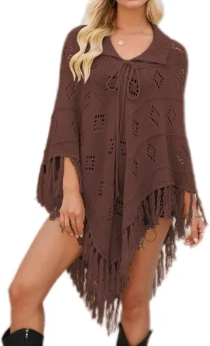 Women's Fashion Fringe Knitted Poncho Cape Lapel Hollow Crochet Shawl Cloak Loose Over Knitted Sweater