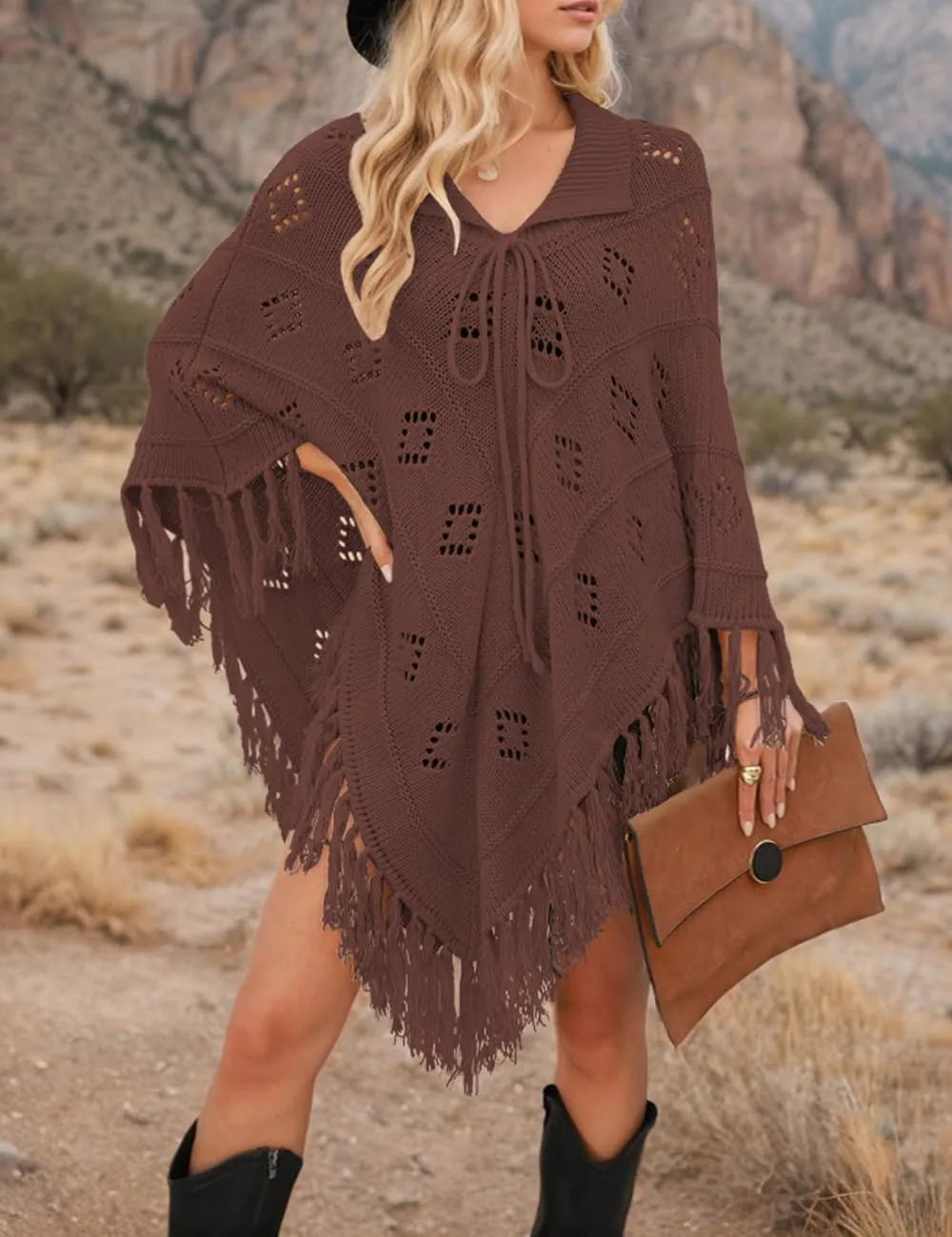 Women's Fashion Fringe Knitted Poncho Cape Lapel Hollow Crochet Shawl Cloak Loose Over Knitted Sweater