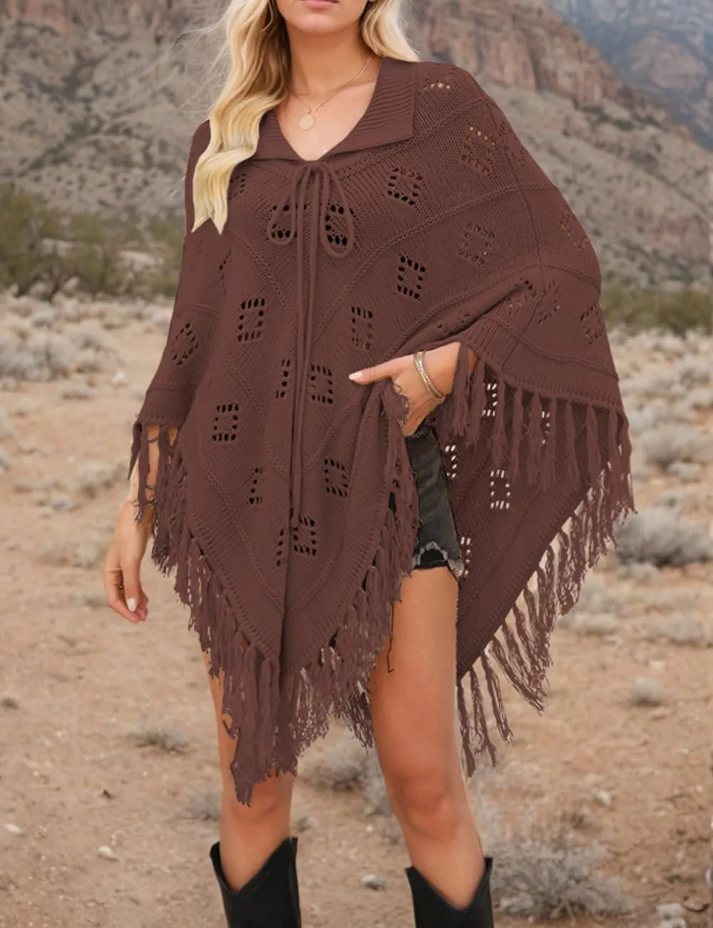 Women's Fashion Fringe Knitted Poncho Cape Lapel Hollow Crochet Shawl Cloak Loose Over Knitted Sweater