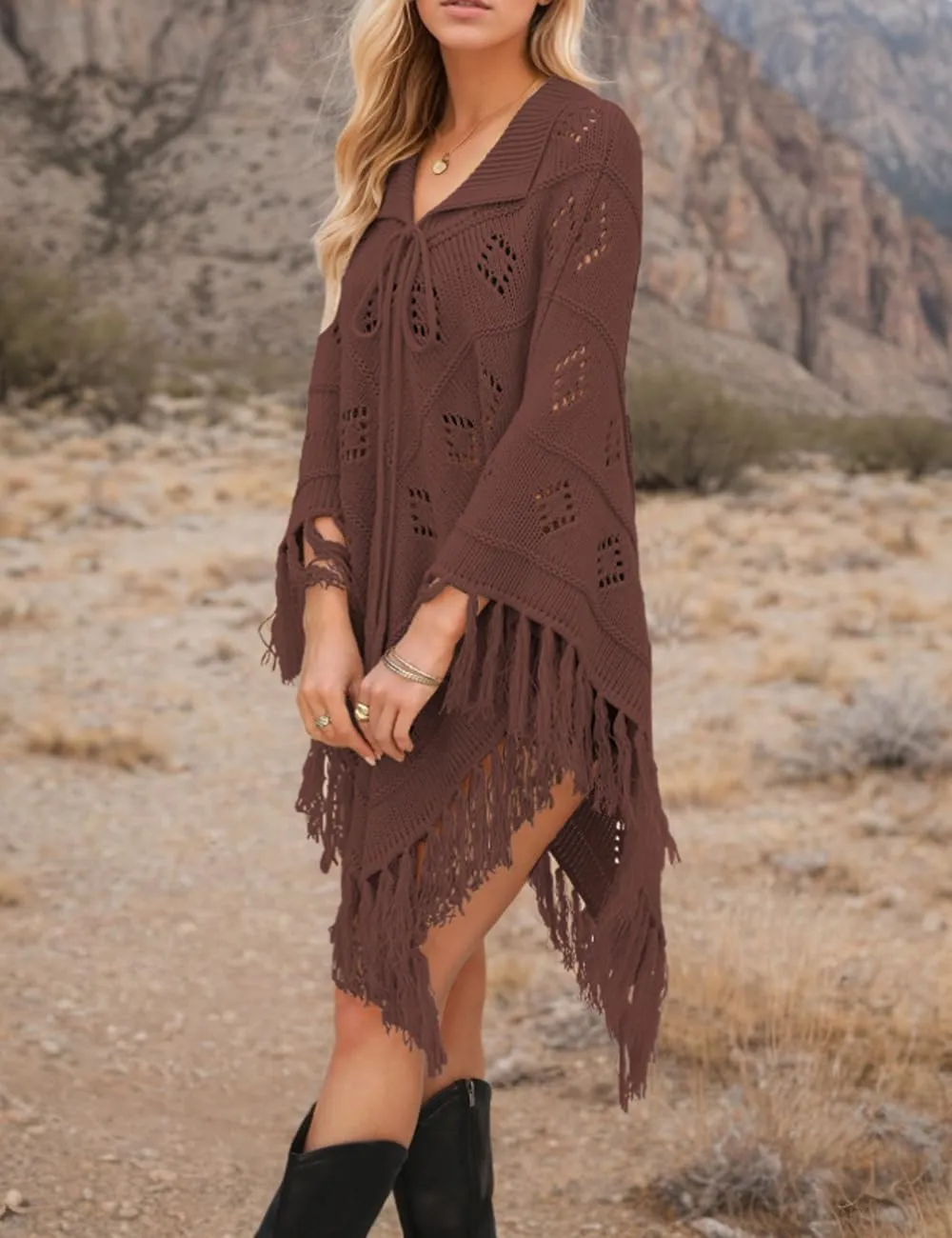 Women's Fashion Fringe Knitted Poncho Cape Lapel Hollow Crochet Shawl Cloak Loose Over Knitted Sweater
