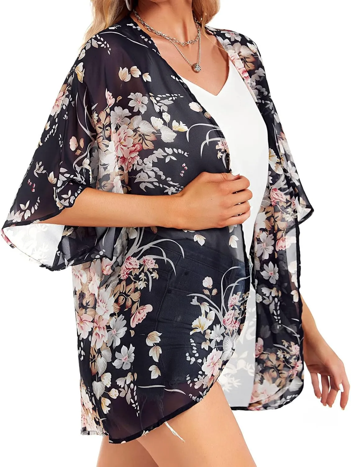 Women's Floral Print Puff Sleeve Kimono Cardigan Loose Cover Ups Casual Tops 2025 Trendy Lightweight Resort Wear