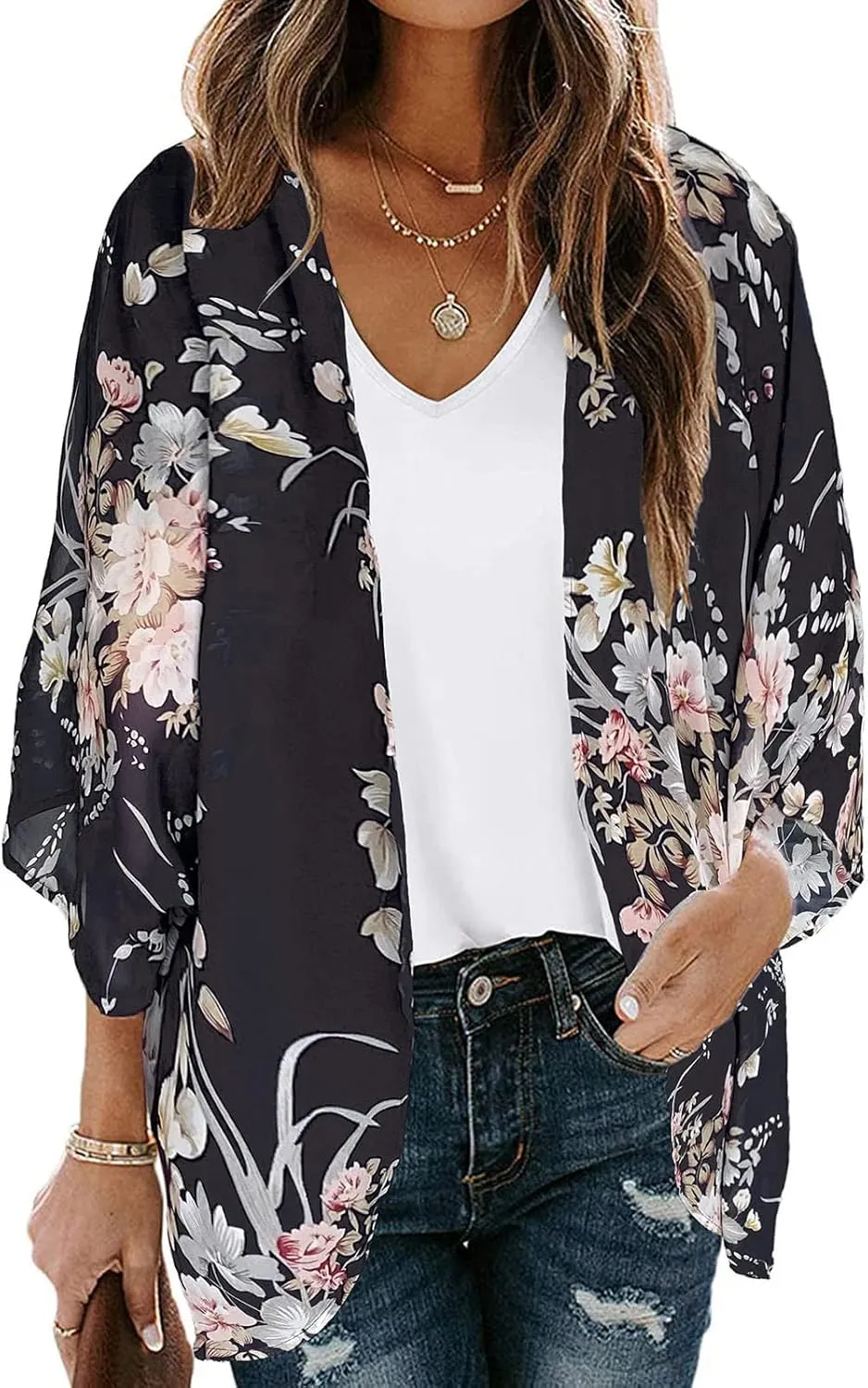 Women's Floral Print Puff Sleeve Kimono Cardigan Loose Cover Ups Casual Tops 2025 Trendy Lightweight Resort Wear