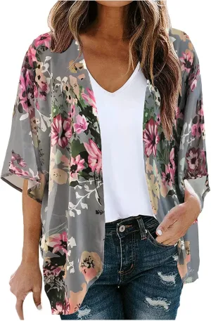 Women's Floral Print Puff Sleeve Kimono Cardigan Loose Cover Ups Casual Tops 2025 Trendy Lightweight Resort Wear