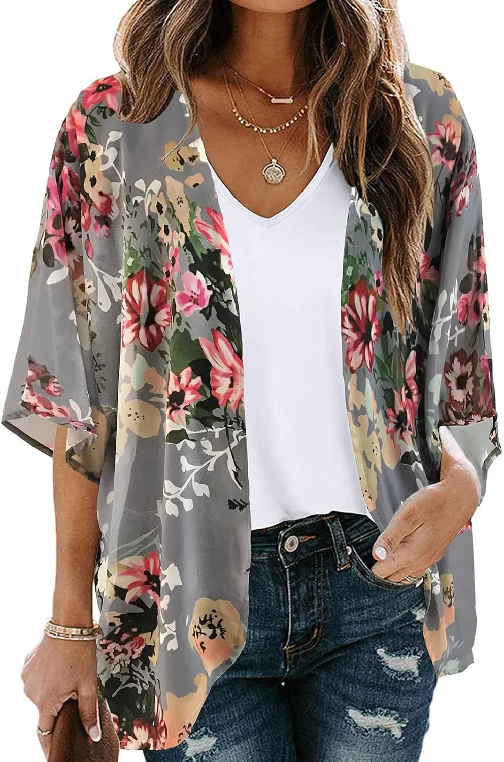 Women's Floral Print Puff Sleeve Kimono Cardigan Loose Cover Ups Casual Tops 2025 Trendy Lightweight Resort Wear