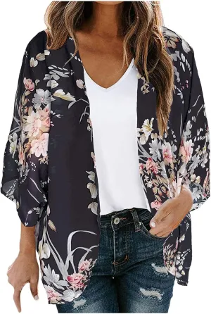 Women's Floral Print Puff Sleeve Kimono Cardigan Loose Cover Ups Casual Tops 2025 Trendy Lightweight Resort Wear