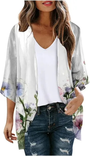 Women's Floral Print Puff Sleeve Kimono Cardigan Loose Cover Ups Casual Tops 2025 Trendy Lightweight Resort Wear