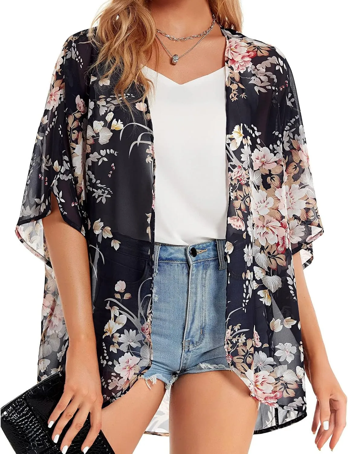 Women's Floral Print Puff Sleeve Kimono Cardigan Loose Cover Ups Casual Tops 2025 Trendy Lightweight Resort Wear