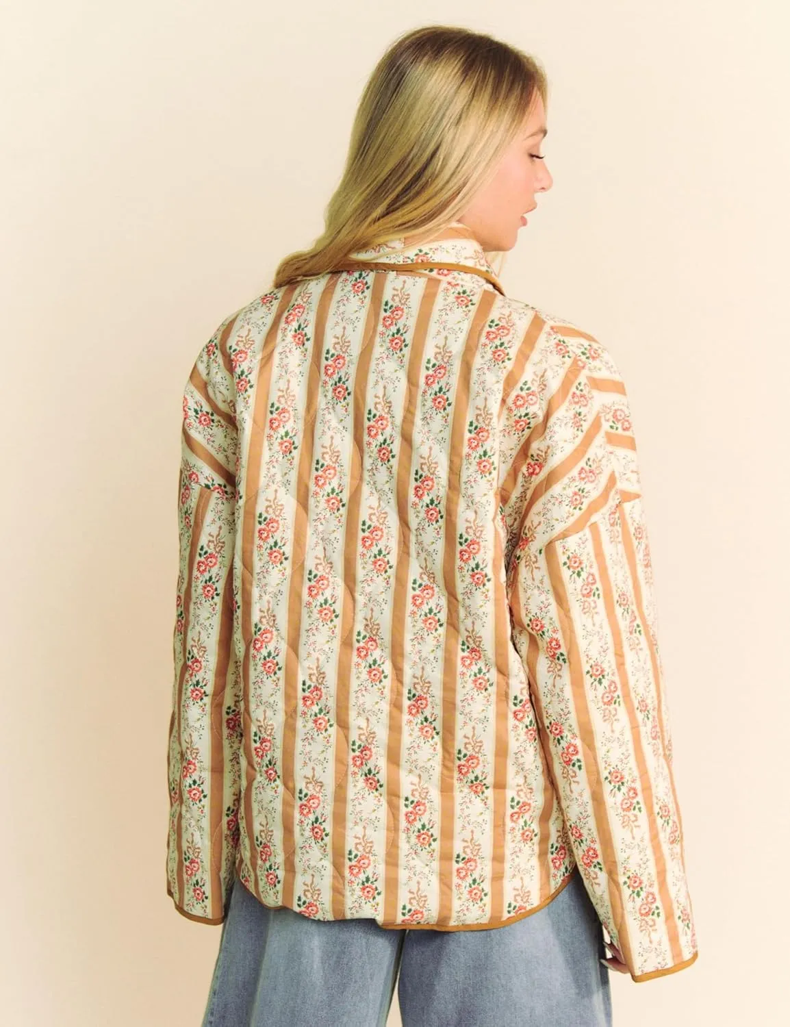 Womens Floral Quilted Jacket Lightweight Padded Outerwear Puffy Cardigan Coat with Pockets