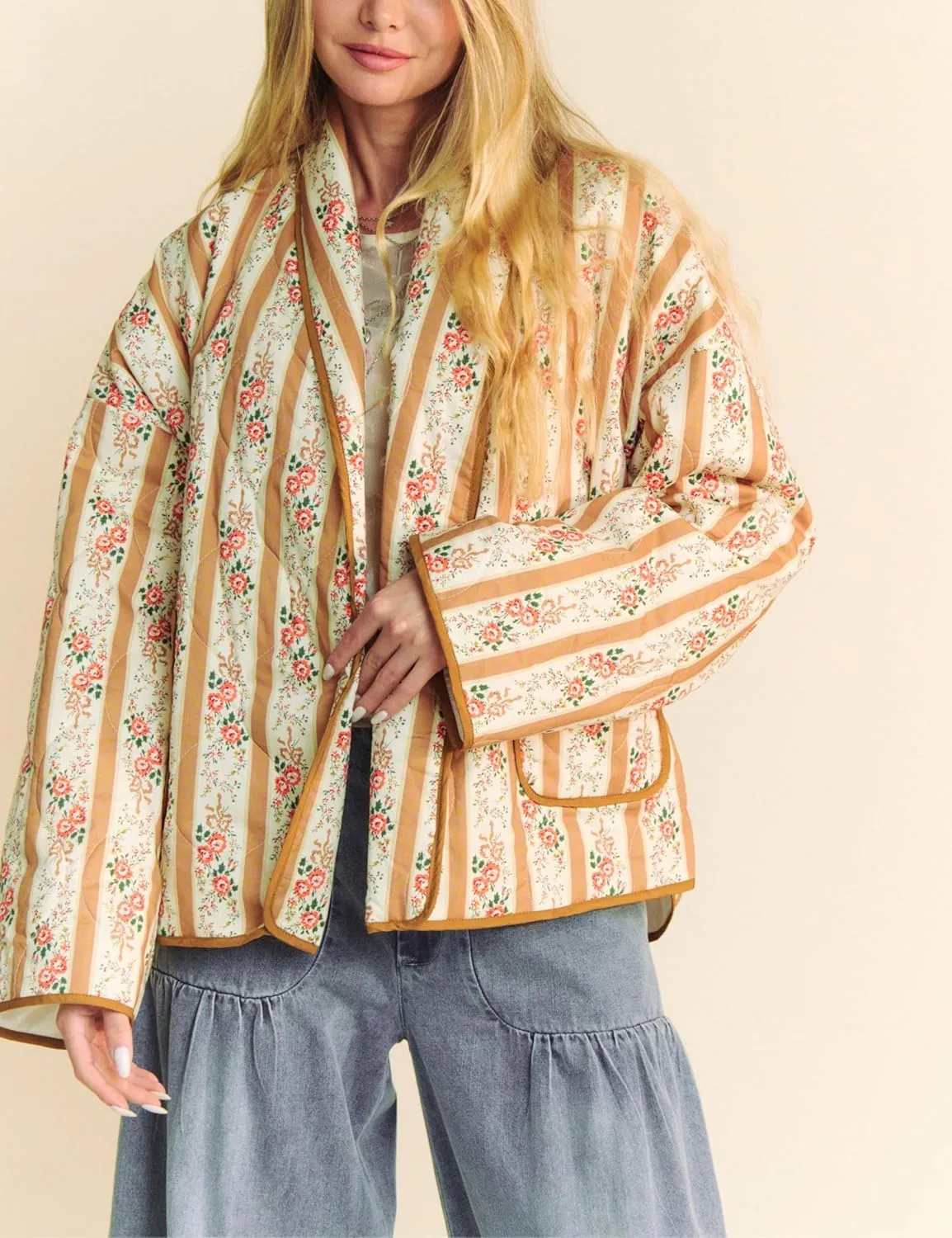 Womens Floral Quilted Jacket Lightweight Padded Outerwear Puffy Cardigan Coat with Pockets