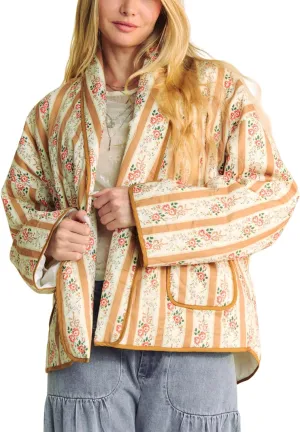 Womens Floral Quilted Jacket Lightweight Padded Outerwear Puffy Cardigan Coat with Pockets