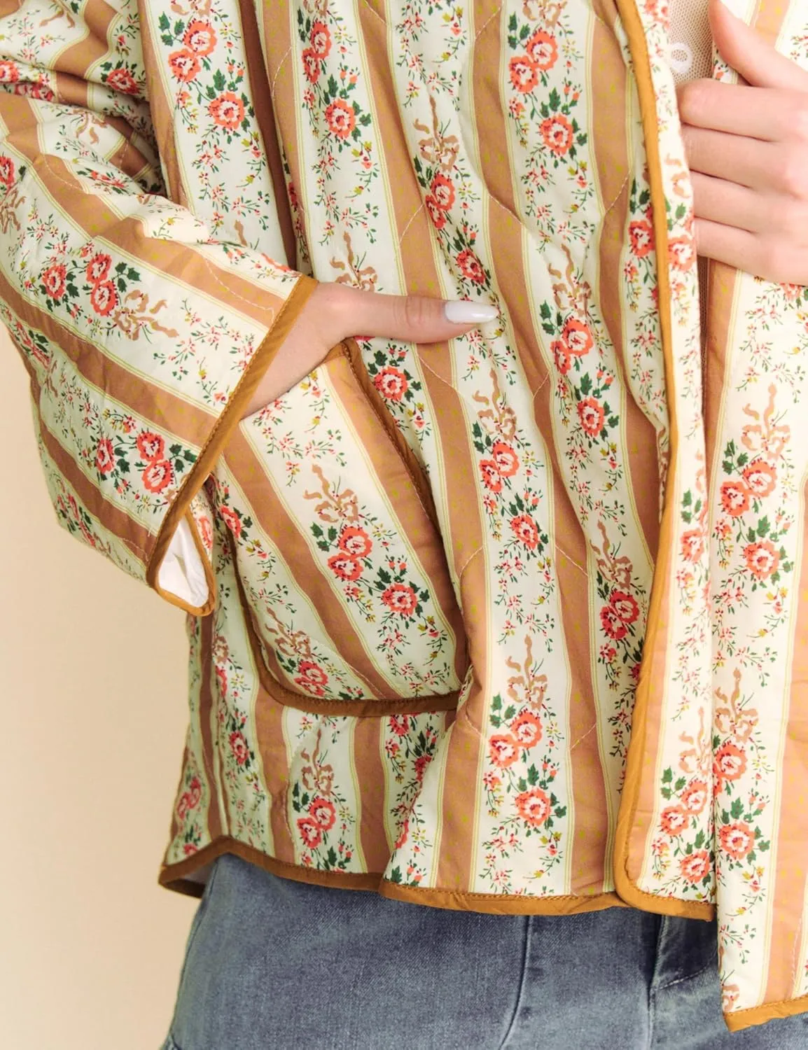 Womens Floral Quilted Jacket Lightweight Padded Outerwear Puffy Cardigan Coat with Pockets
