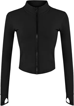 Women's Full Zip Running Yoga Slim Fit Cropped Bbl Athletic Jacket Workout Sportwear With Thumb Holes