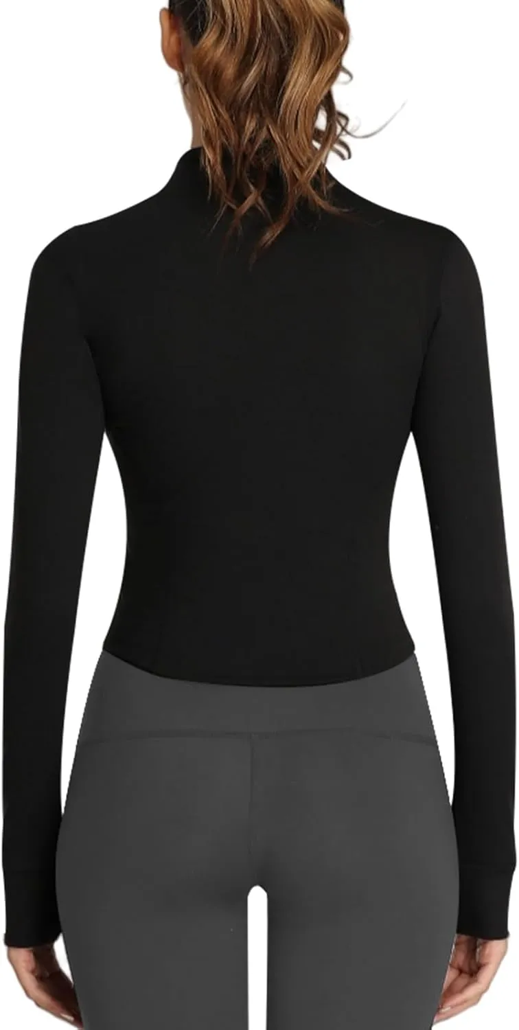 Women's Full Zip Running Yoga Slim Fit Cropped Bbl Athletic Jacket Workout Sportwear With Thumb Holes