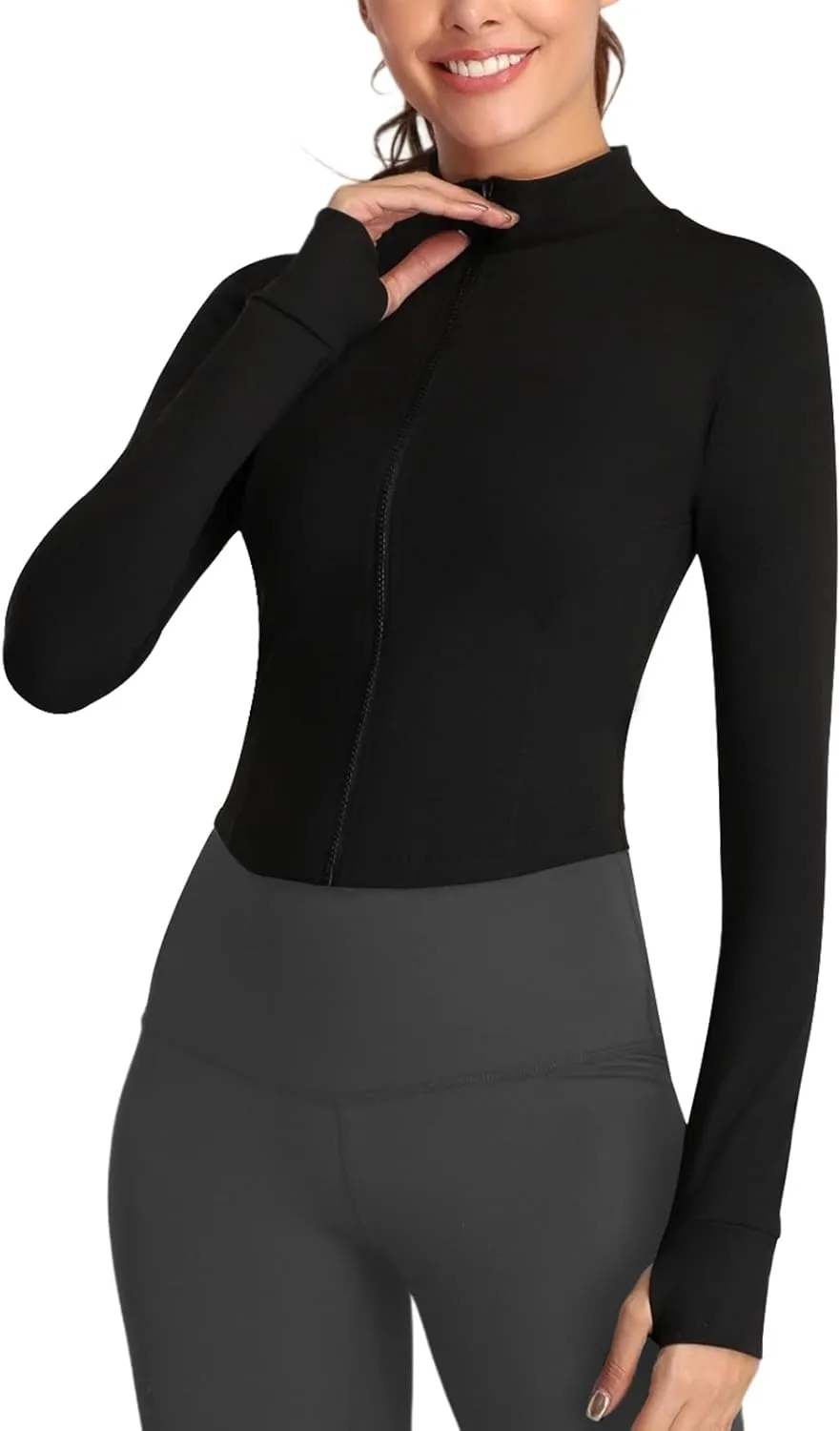 Women's Full Zip Running Yoga Slim Fit Cropped Bbl Athletic Jacket Workout Sportwear With Thumb Holes