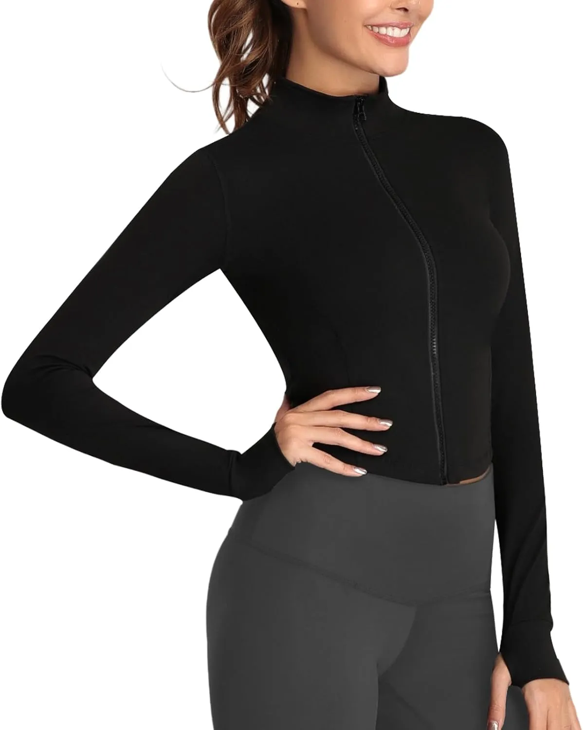 Women's Full Zip Running Yoga Slim Fit Cropped Bbl Athletic Jacket Workout Sportwear With Thumb Holes