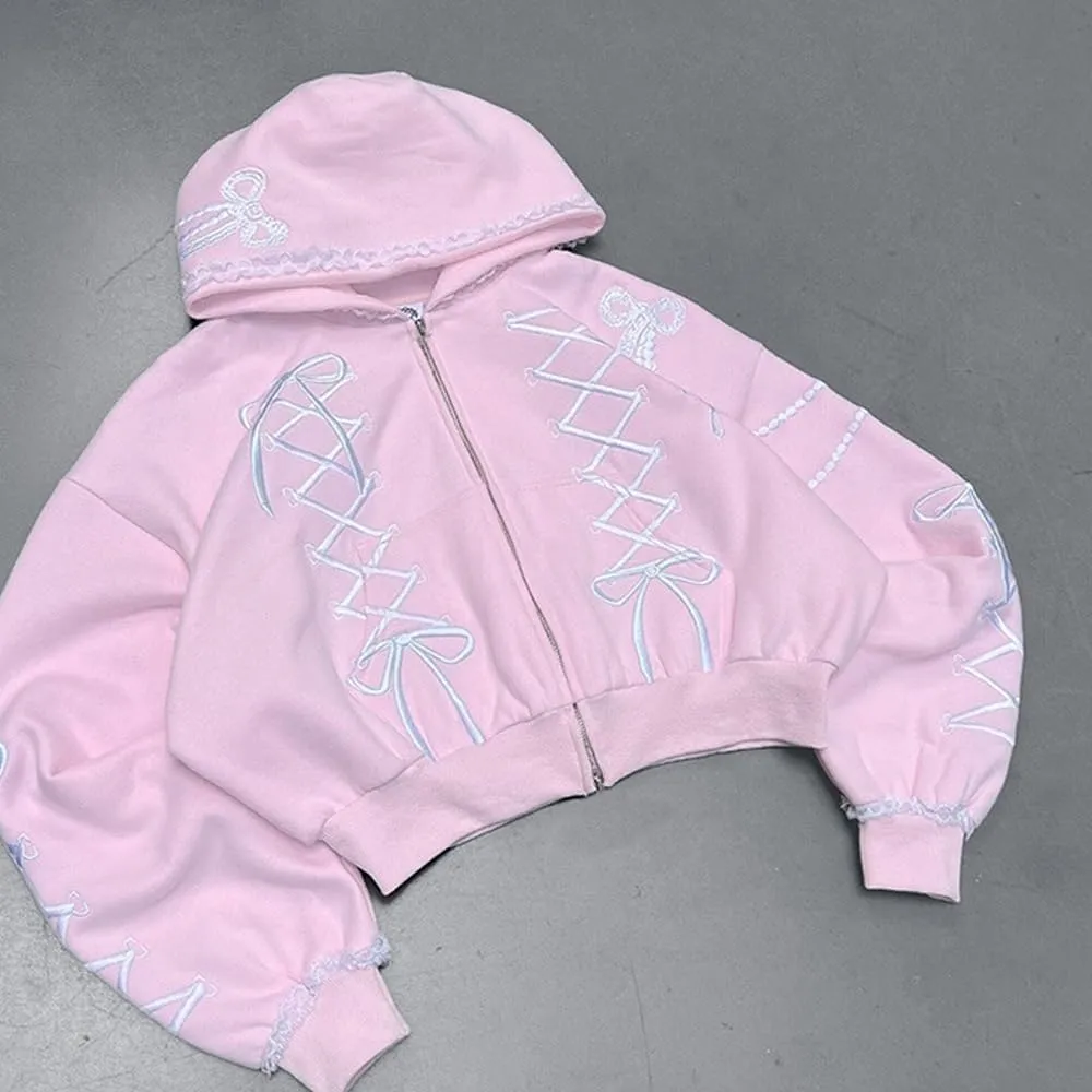 Women's Girl's Hoodie Bow Tie Embroidery Oversized Graphic Y2k Spring Trendy Pink Hoodies
