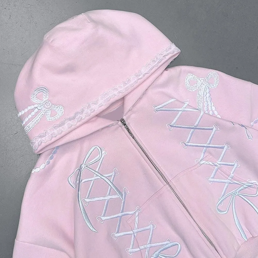 Women's Girl's Hoodie Bow Tie Embroidery Oversized Graphic Y2k Spring Trendy Pink Hoodies