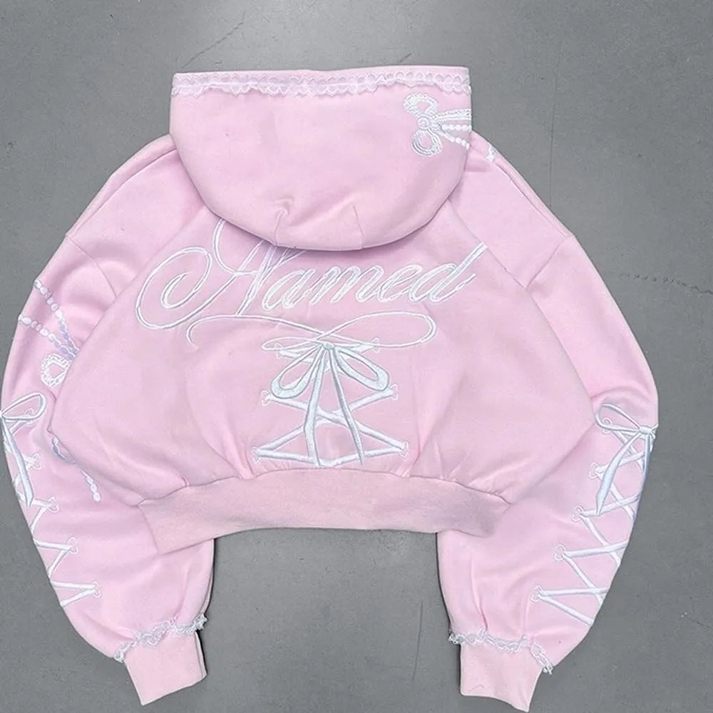 Women's Girl's Hoodie Bow Tie Embroidery Oversized Graphic Y2k Spring Trendy Pink Hoodies