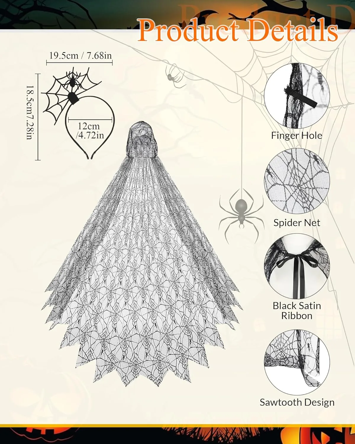 Womens Halloween Spider Web Costume Black Lace Spider Web Hooded Cloak Spider Web Fascinator Headband for Halloween