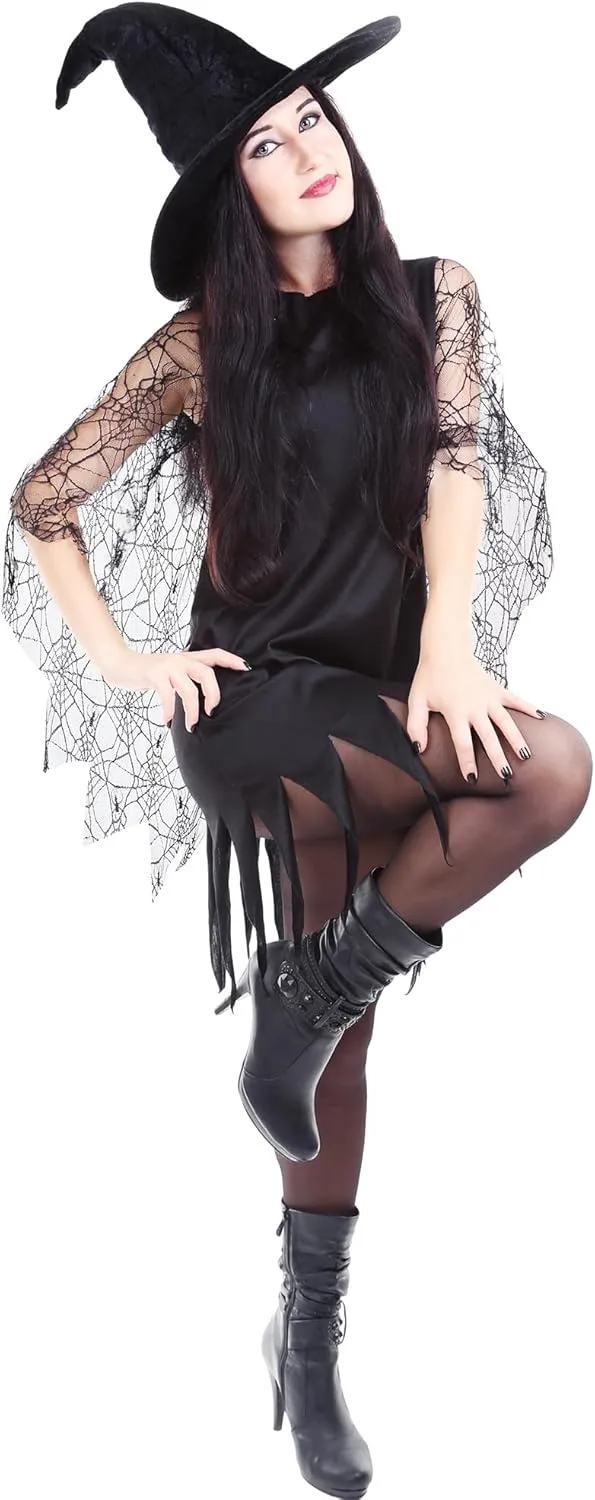 Womens Halloween Spider Web Costume Black Lace Spider Web Hooded Cloak Spider Web Fascinator Headband for Halloween