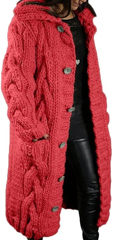 Women's Hooded Long Cardigans Chunky Cable Knit Thick Sweater Coat Knitted Open Front Cardigan Sweater Outerwear
