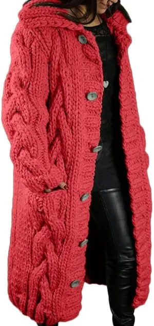 Women's Hooded Long Cardigans Chunky Cable Knit Thick Sweater Coat Knitted Open Front Cardigan Sweater Outerwear