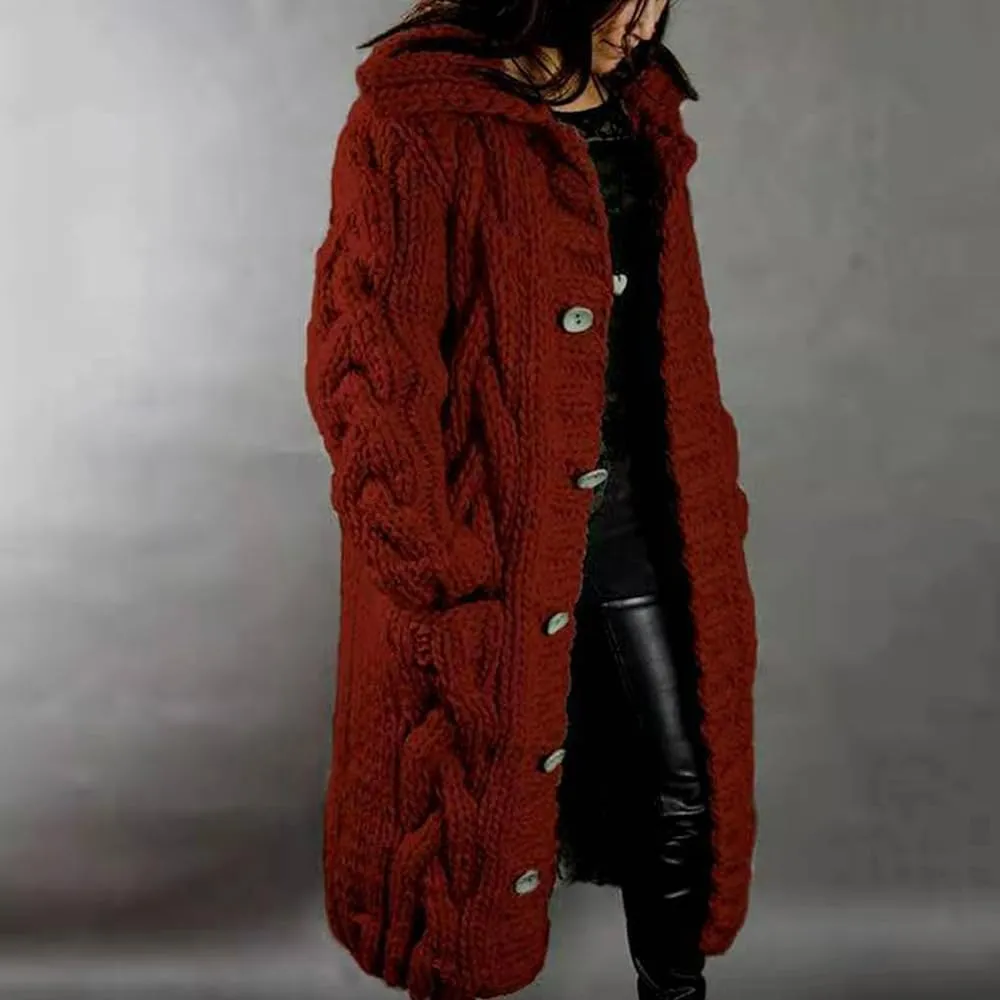 Women's Hooded Long Cardigans Chunky Cable Knit Thick Sweater Coat Knitted Open Front Cardigan Sweater Outerwear