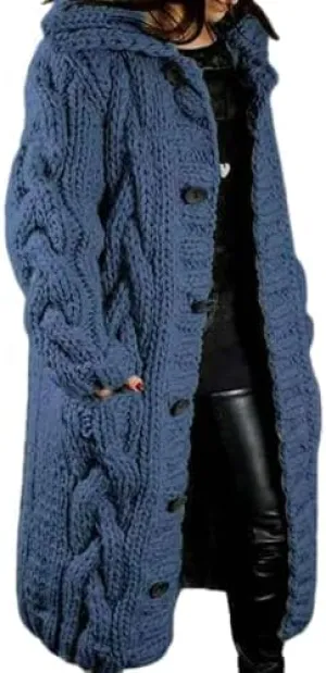 Women's Hooded Long Cardigans Chunky Cable Knit Thick Sweater Coat Knitted Open Front Cardigan Sweater Outerwear
