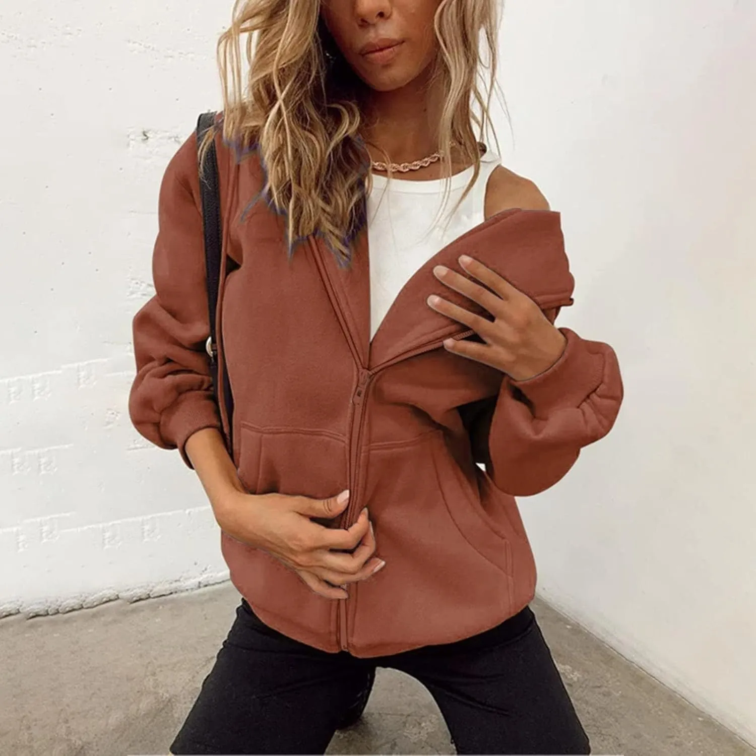 Womens Hoodie Y2K Zip Up Long Sleeve Oversized Sweatshirts Fleece Workout Jacket Pockets 2024 Fall Outfits Trendy Tops