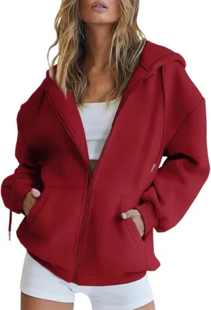 Womens Hoodie Y2K Zip Up Long Sleeve Oversized Sweatshirts Fleece Workout Jacket Pockets 2024 Fall Outfits Trendy Tops