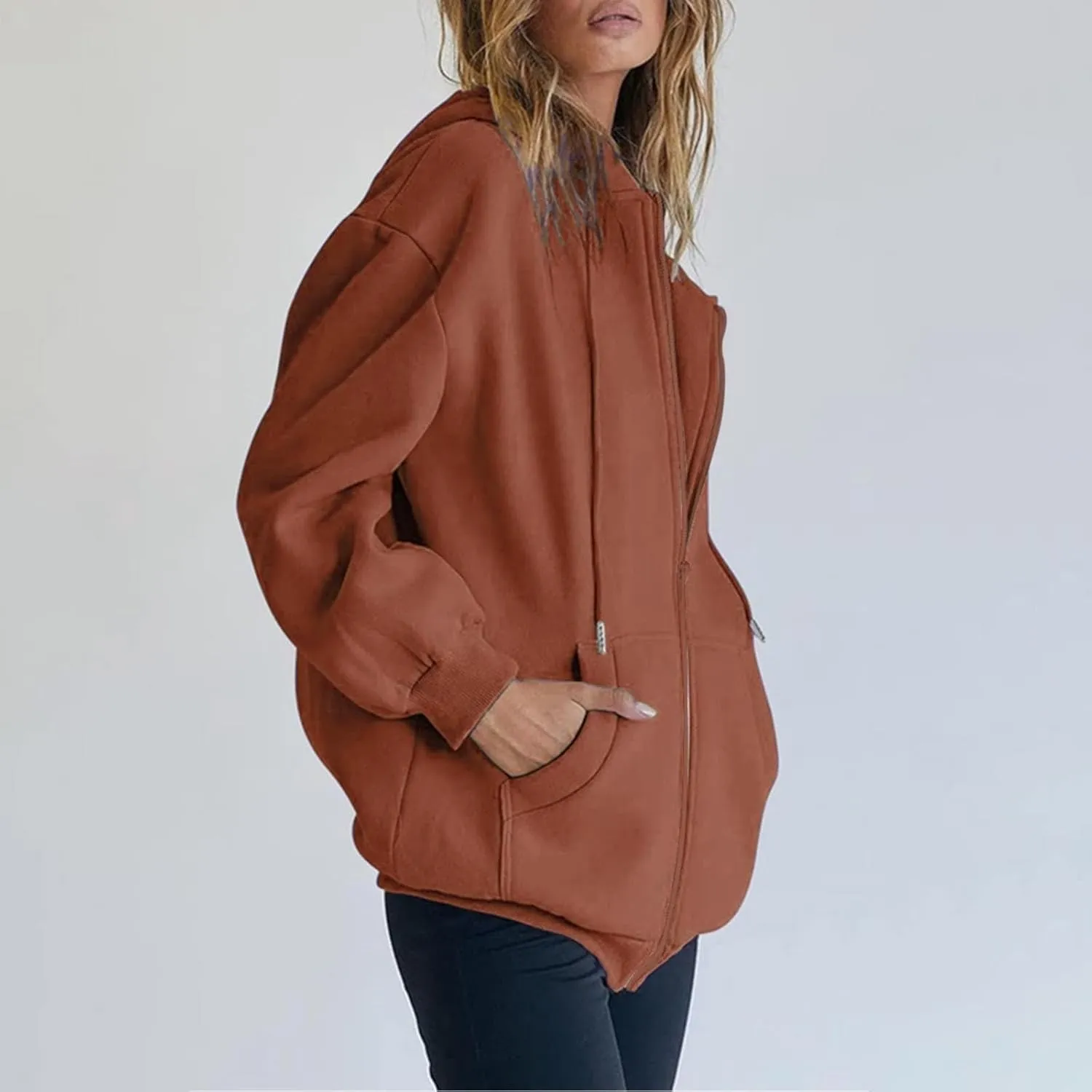 Womens Hoodie Y2K Zip Up Long Sleeve Oversized Sweatshirts Fleece Workout Jacket Pockets 2024 Fall Outfits Trendy Tops