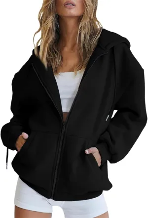 Womens Hoodie Y2K Zip Up Long Sleeve Oversized Sweatshirts Fleece Workout Jacket Pockets 2024 Fall Outfits Trendy Tops