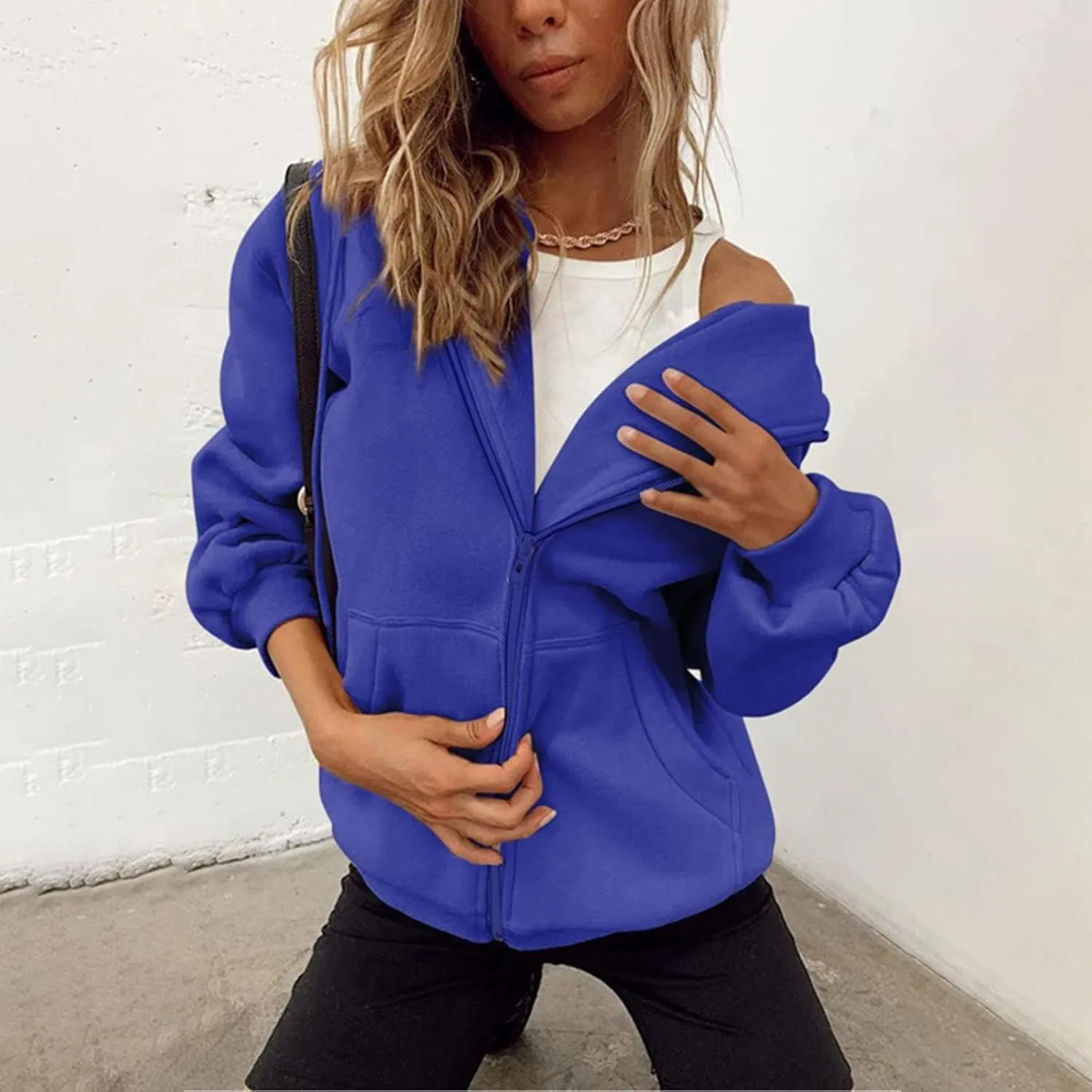 Womens Hoodie Y2K Zip Up Long Sleeve Oversized Sweatshirts Fleece Workout Jacket Pockets 2024 Fall Outfits Trendy Tops