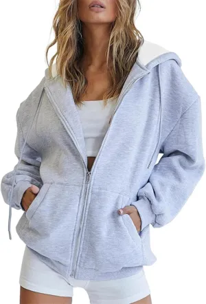 Womens Hoodie Y2K Zip Up Long Sleeve Oversized Sweatshirts Fleece Workout Jacket Pockets 2024 Fall Outfits Trendy Tops